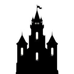 Obraz premium Silhouette of a majestic castle with a flag atop its highest tower, isolated on, evoking fairy tales and medieval times