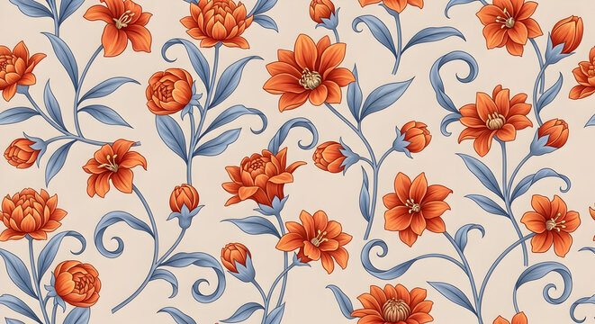 Seamless floral pattern with orange and red flowers and blue leaves on beige background elegant bota 83311928 1