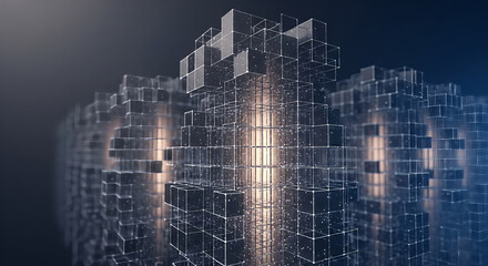 Blockchain Ledger: Stacking Cube Wireframe Structure on a Soft, Warm Grey and Charcoal Gradient