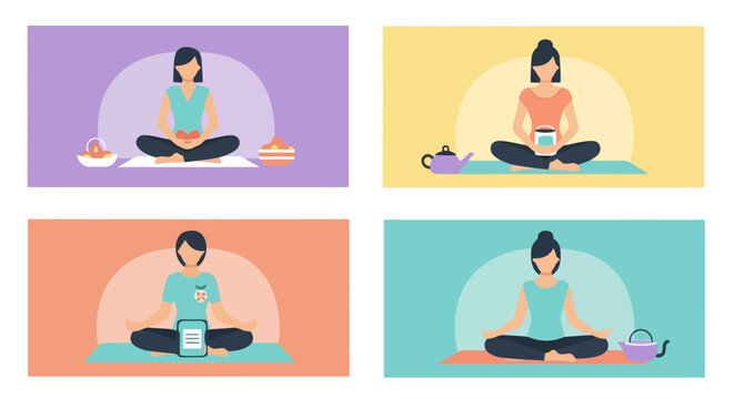 Woman Practicing Mindfulness and Self Care with Digital Devices and Refreshments