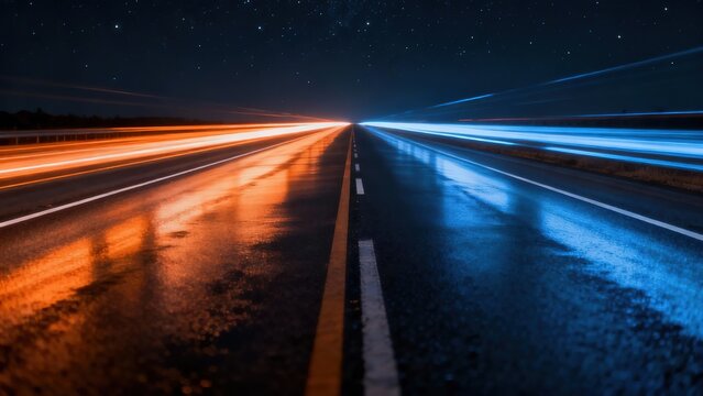 Nighttime highway with light trails from vehicles on a wet road under a starry sky