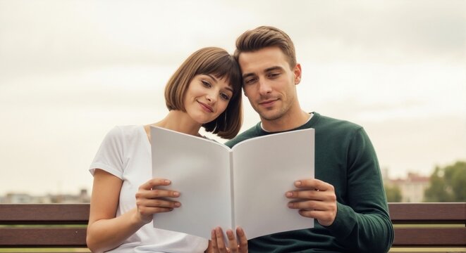 Young man and woman on bench — holding blank book for mockup, outdoor reading concept
