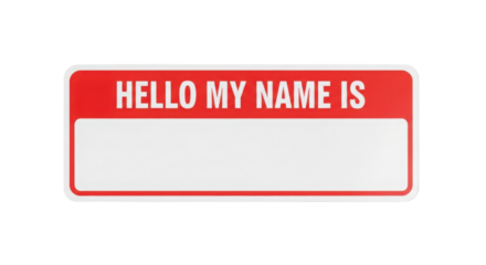 Red name tag with text HELLO MY NAME IS on white background