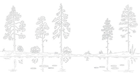 Obraz premium Architectural minimal CAD tree illustration showing side-view forest outlines and wetland section elements, ideal for professional landscape design, garden planning, and clean vector drafting.