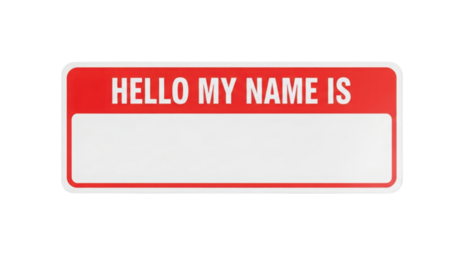 Red name tag with text HELLO MY NAME IS on white background