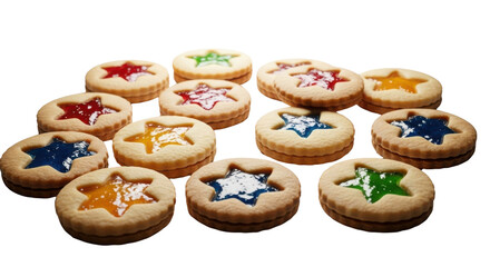 Star shaped jam cookies on white background