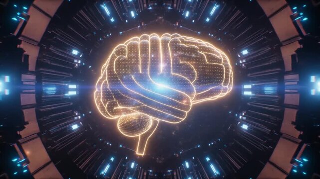 Artificial Intelligence Concept with Digital Glowing Brain Rotating in a Cybernetic Tunnel