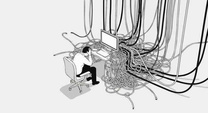 Overwhelmed by Technology - Man at Computer Surrounded by Cables.