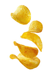Stack of golden potato chips floating on black