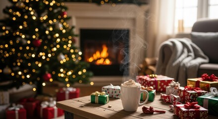 A cozy living room on Christmas morning, the tree lights creating a soft bokeh, with unwrapped presents and a steaming mug of hot chocolate in sharp focus.