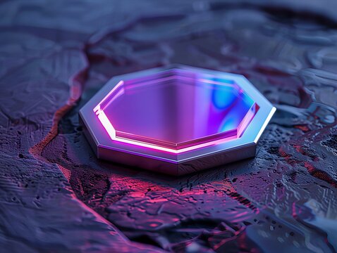 Futuristic octagonal metallic podium on dark textured rock background. 3D abstract geometric display stand with neon purple light and glass reflection for technology product presentation or mockup.
