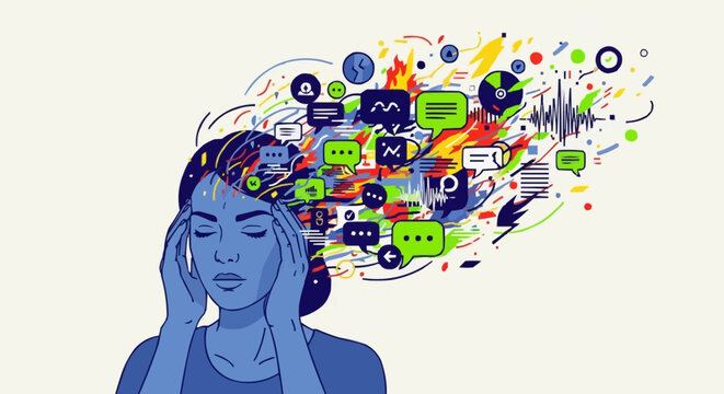 Woman Overwhelmed by Thoughts and Information Overload Illustration.