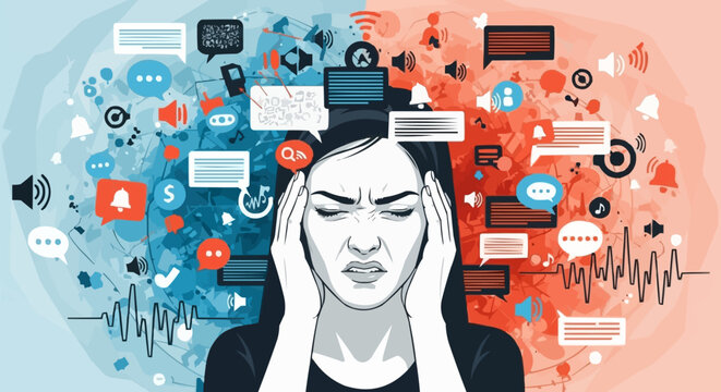 Woman overwhelmed by information overload and digital noise.