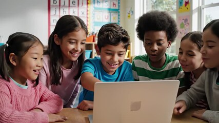 Elementary students gather around a laptop, embracing digital literacy in modern education settings, ideal for educational institutions, software developers, or advertisers seeking to convey the.