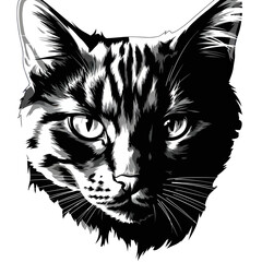 High contrast black and white graphic illustration of a cats face.