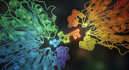 Molecular close-up showing lock and key mechanism in bright scientific visualization of protein inte 80475938 1