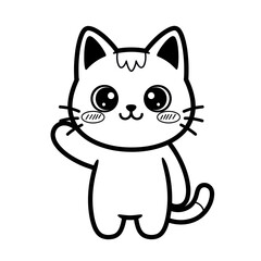 Adorable Kawaii Cat Waving Hello Black and White Line Art Illustration.