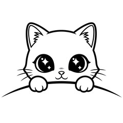 Adorable cartoon cat peeking over the edge with big eyes.