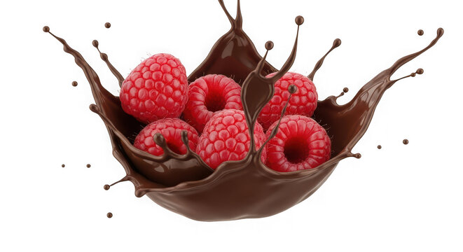 Fresh raspberries splashing into dark chocolate isolated on transparent background