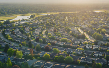 Stunning aerial view of a peaceful suburban neighborhood at sunrise, showcasing community, nature, and a serene lifestyle perfect for real estate marketing