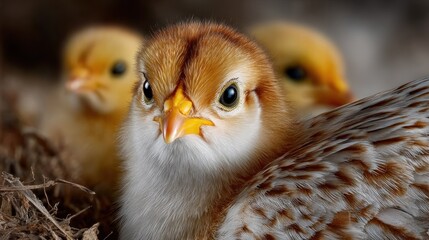 Close-up of fluffy baby chicks with focused eyes, showcasing their soft feathers and beaks