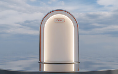 Discover the 'New' possibilities with this serene product display stage, perfect for showcasing your latest innovations against a calming sky backdrop!