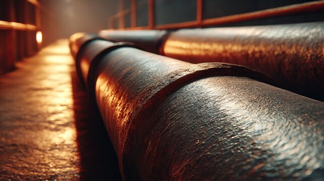 Close-up of large, rusty pipes in an industrial setting, with warm lighting and textures