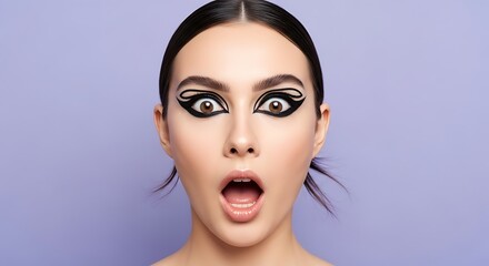 Woman with dramatic eyeliner and surprised expression against a light purple studio background