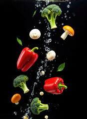 Floating Fresh Vegetables (Bell Peppers, Broccoli, Mushrooms) on Black Backdrop - Dynamic Food Element for Menu Design, Culinary Projects