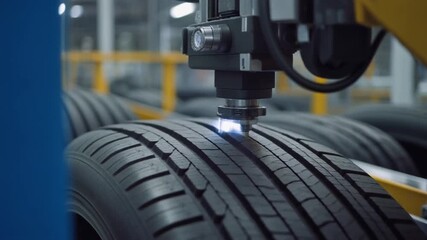 Close up of robotic arm uses laser for precision inspection of tires in modern factory - Powered by Adobe