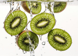 Sliced Fresh Kiwi Under Water with Water Droplets - Juicy Fruit Element for Healthy Food Designs, Beverage Packaging