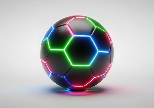 Futuristic soccer ball illuminated by vibrant neon hexagonal lines on a clean white background