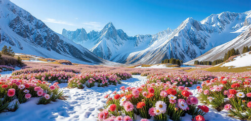 Vibrant Pink Wildflower Meadow Against Snow-Capped Mountains - Mountainous Scenery for Outdoor Campaigns, Scenic Decor