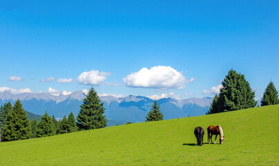 Lush Green Hillside With Pine Trees and Grazing Horses - Peaceful Rural Scene for Equestrian Projects, Nature Decor