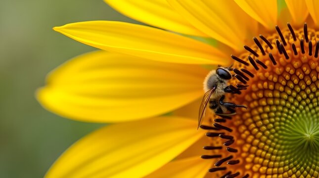 Busy honey bee collecting pollen from bright yellow sunflower in vibrant close up detail perfect for summer