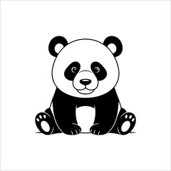 Adorable sitting panda bear cartoon illustration in black and white, featuring a smiling face.