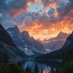Dramatic sunset over the canadian rockies reflecting on a serene lake