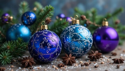 Obraz premium Festive christmas ornaments with pine needles and star anise decorations