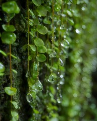 Macro Nature Ecology: Strings of Crystal Water Drops on Wet Moss, Fresh Green Plant Close-up in Post-Rain Forest