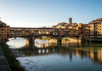 Naklejka premium Ponte Vecchio Florence Italy, Medieval Stone Bridge, River Arno