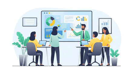 Fototapeta premium A colorful illustration of a team working together in a modern office environment. Several people sit at desks with laptops while others stand and present charts and graphs on a large digital display 