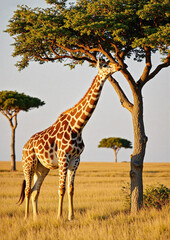 Giraffe Feeding on Acacia Tree Foliage in Savanna - African Wildlife Element for Nature Materials