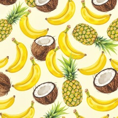 Bright Tropical Fruit Pattern With Bananas, Pineapples and Coconuts - Playful Design for Packaging, Textile Projects