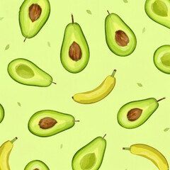 Avocado and Banana Repeat Pattern on Light Green Background - Tropical Fruit Design for Packaging, Home Textiles