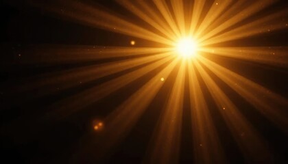 Bright shining sun with warm golden light beams and lens flare effect on a black background