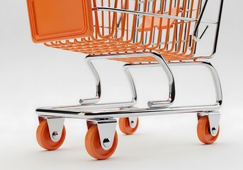 Close up of a miniature orange shopping cart with chrome accents and orange wheels on a white background