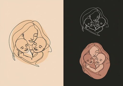 母と子の温もり 線画の抱擁