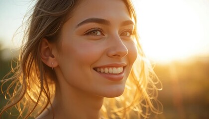 Close-up portrait of a beautiful joyful woman with a perfect smile enjoying the warm sunset light outdoors in a field