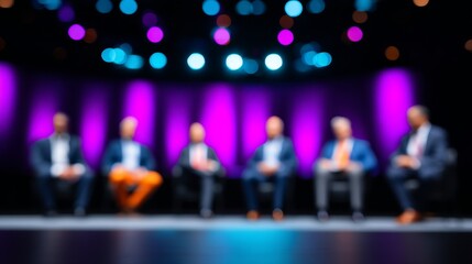 business event, blurred background, corporate meeting ,leadership, Presentation, Illuminated Elegance: Blurred Panel Discussion at Startup Innovation and Executive Leadership Forum