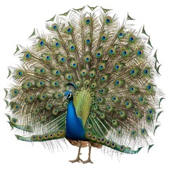 Magnificent male peacock displaying its vibrant iridescent train of feathers in full glory